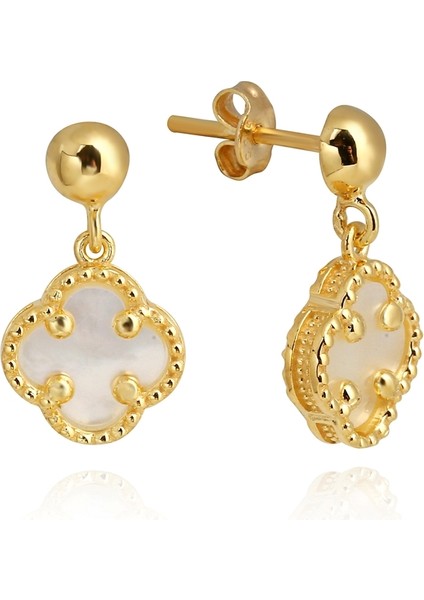 14K Altın Kaplamalı 925 Ayar Gümüş Granada Saray Yoncası Küpe - Beyaz 121119004