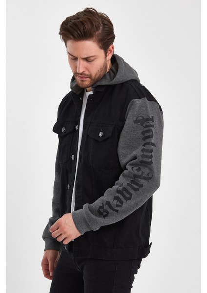 Erkek Sırt Baskılı Kapşonlu Siyah Bol Kot Ceket fırsatları