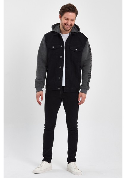 Erkek Sırt Baskılı Kapşonlu Siyah Bol Kot Ceket indirimleri
