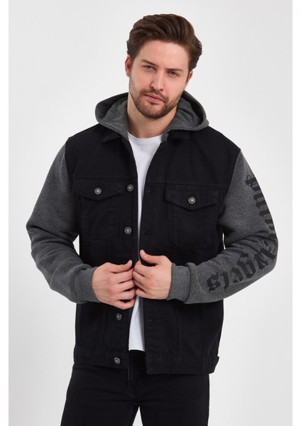 Erkek Sırt Baskılı Kapşonlu Siyah Bol Kot Ceket
