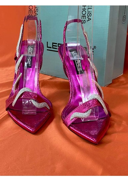 LES046 Fuşya Pembe Yılan Desenli Yazlık Rahat Kadın Ayakkabı Stiletto Premium Model Yeni modelleri