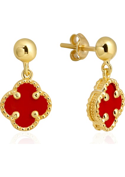 14K Altın Kaplamalı 925 Ayar Gümüş Granada Saray Yoncası Küpe - Kırmızı 121119002