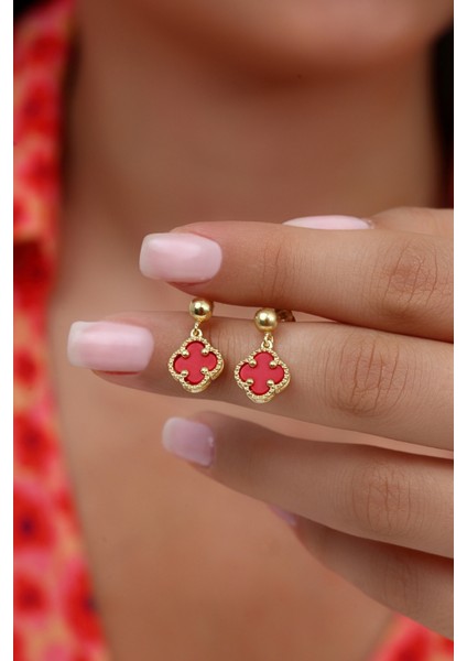 14K Altın Kaplamalı 925 Ayar Gümüş Granada Saray Yoncası Küpe - Kırmızı 121119002 modelleri