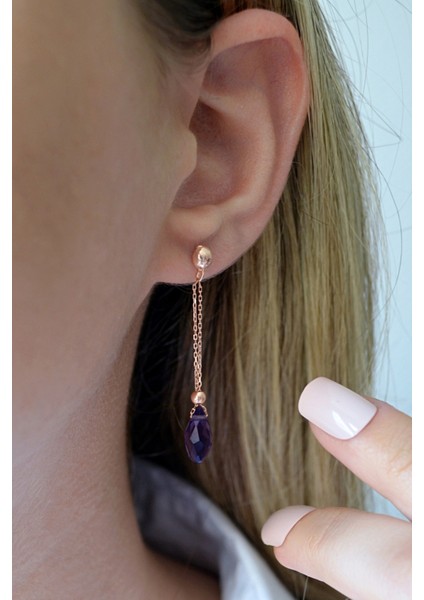 925 Ayar Gümüş Rose Mor Kristal Küpe - 12107801