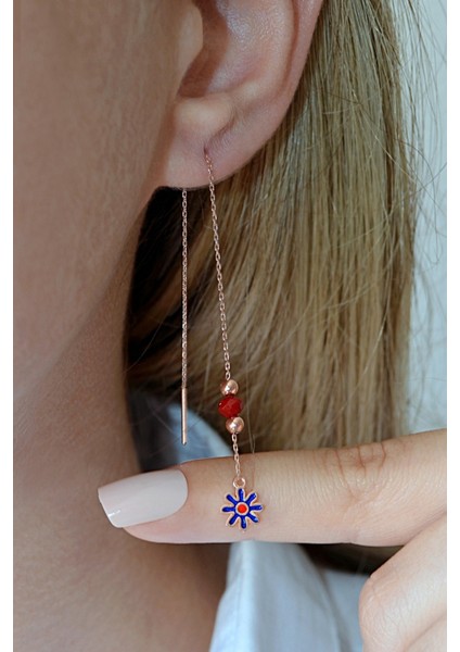 925 Ayar Gümüş Rose Çiçek Figürlü Zincir Küpe - 12109601