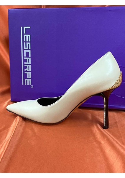 LES044 Bej Topuk Taş Detaylı Topuklu Kadın Stiletto Ayakaabı