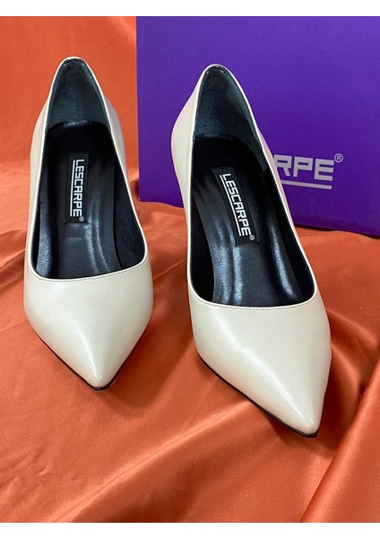 LES044 Bej Topuk Taş Detaylı Topuklu Kadın Stiletto Ayakaabı modelleri