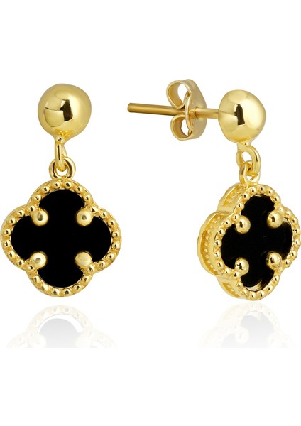 14K Altın Kaplamalı 925 Ayar Gümüş Granada Saray Yoncası Küpe - Siyah Oniks 121119003