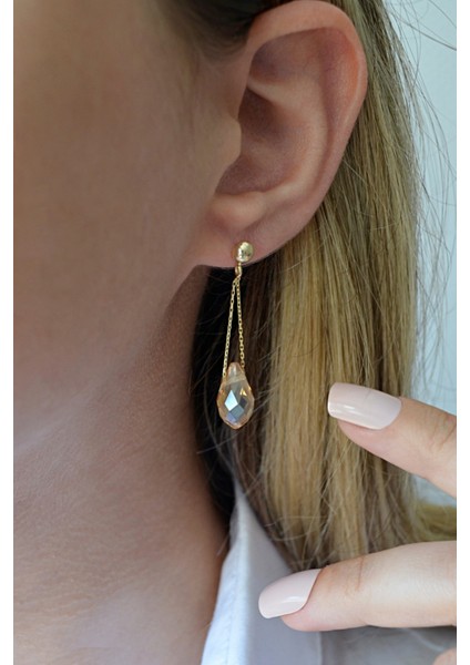 18K Altın Kaplamalı 925 Ayar Gümüş Sallantılı Kristal Küpe - 12108001