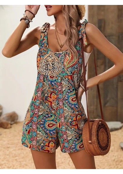 Kadın Omuzlardan Askılı Desenli Geniş Paçalı Süprem Tulum