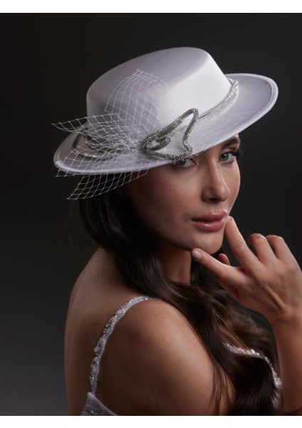 Kristal ve Tül Detaylı Beyaz Gelin, Nikah, Nişan, Özel Davet Şapkası