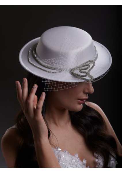 Kristal ve Tül Detaylı Beyaz Gelin, Nikah, Nişan, Özel Davet Şapkası fiyatları