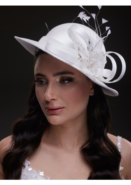 Kelebek Detaylı Beyaz Gelin, Nikah, Nişan, Özel Davet Şapkası