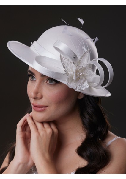 Kelebek Detaylı Beyaz Gelin, Nikah, Nişan, Özel Davet Şapkası modelleri