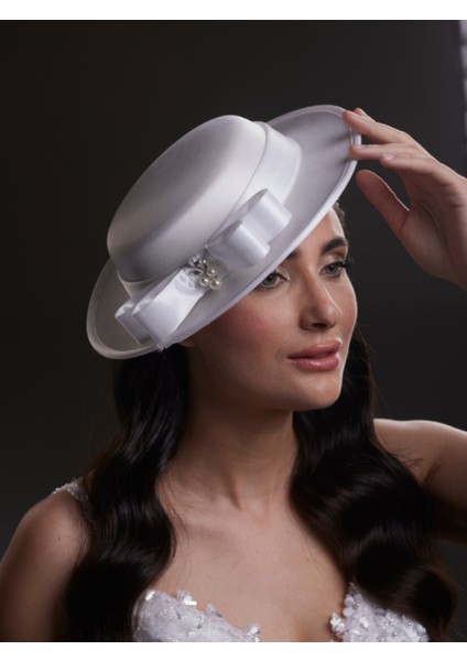 Incili Fiyonk Detaylı Zarif Beyaz Gelin, Nikah, Nişan, Özel Davet Şapkası