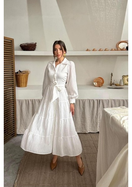 Ekru Çizgi Desenli Uzun Elbise