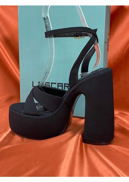 LES053 Mat Siyah Saten Kadın Klasik Topuklu Ayakkabı Önü Arkası Platform