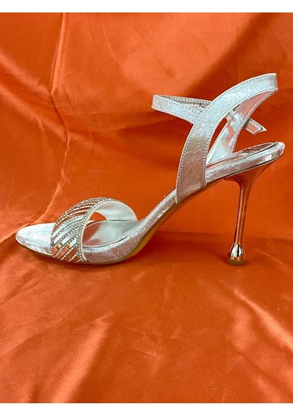 LES051 Gümüş Kadın Abiye Taşlı Stiletto Topuklu Ayakkabı