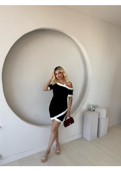 Kadın Kısa Kollu Asimetrik Kesim Yaka Şerit ve Aksesuar Detaylı Modal Elbise