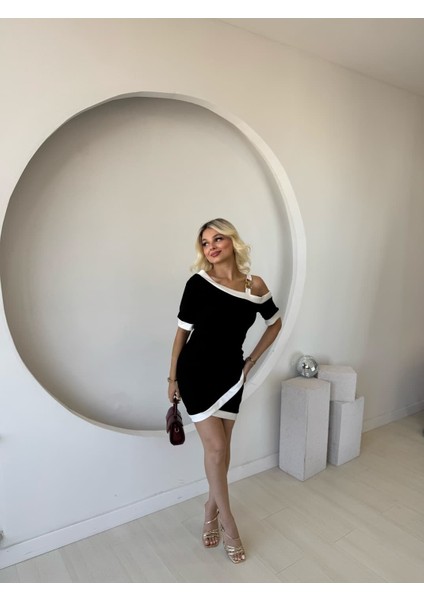 Kadın Kısa Kollu Asimetrik Kesim Yaka Şerit ve Aksesuar Detaylı Modal Elbise modelleri