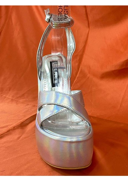 LES053 Gümüş Hologram Kadın Klasik Topuklu Ayakkabı Önü Arkası Platform modelleri