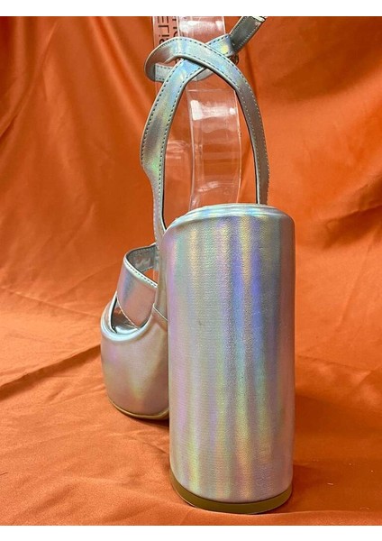 LES053 Gümüş Hologram Kadın Klasik Topuklu Ayakkabı Önü Arkası Platform indirimleri