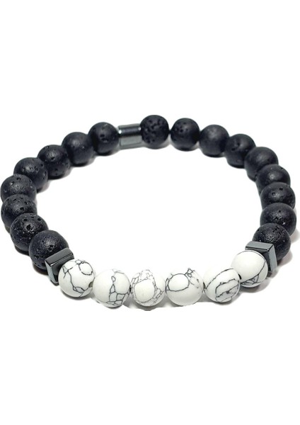 JTSS25DOB1558 Lav Sentetik Havlit Hematit Beyaz Janti Doğaltaş Bileklik