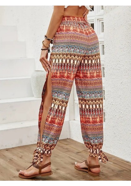 Kadın Yüksek Belli Yanlardan Yırtmaç Detaylı Desenli Bürümcük Pantolon indirimleri
