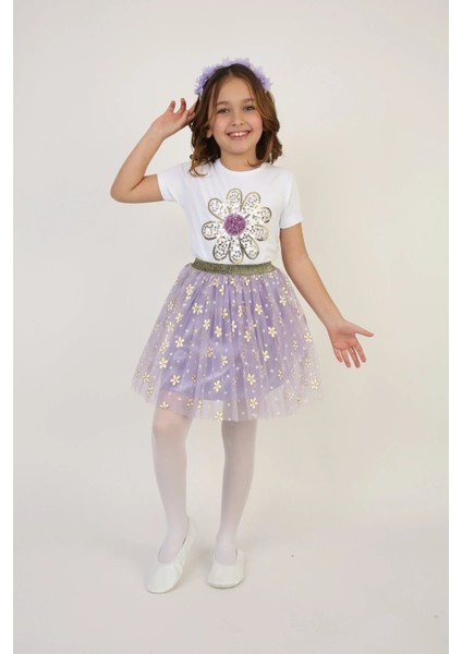 Mor Çiçekli Etek T-Shirt Kız Çocuk Alt-Üst Takım 23 Nisan 29 Ekim 19 Mayıs Gösteri Kıyafetleri