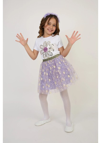 Mor Çiçekli Etek T-Shirt Kız Çocuk Alt-Üst Takım 23 Nisan 29 Ekim 19 Mayıs Gösteri Kıyafetleri modelleri