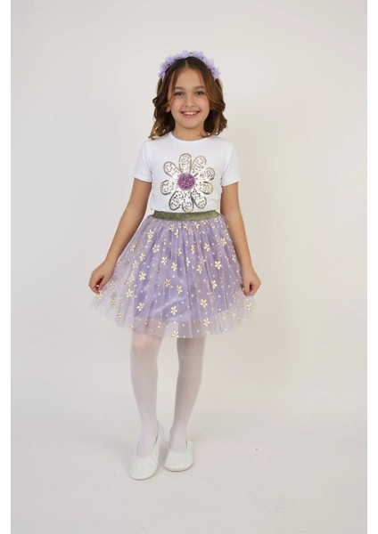 Mor Çiçekli Etek T-Shirt Kız Çocuk Alt-Üst Takım 23 Nisan 29 Ekim 19 Mayıs Gösteri Kıyafetleri fırsatları