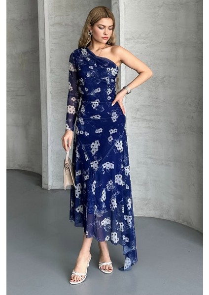 Dar Kalıp Eteği Asimetrik Tek Omuz Astarlı Çiçek Desen Tül Elbise