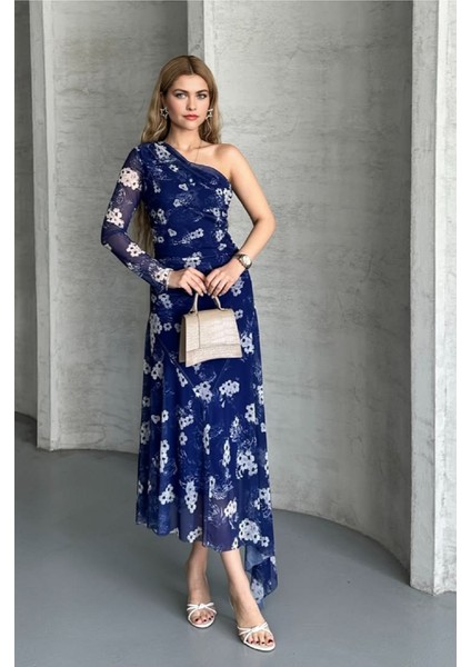 Dar Kalıp Eteği Asimetrik Tek Omuz Astarlı Çiçek Desen Tül Elbise fiyatları