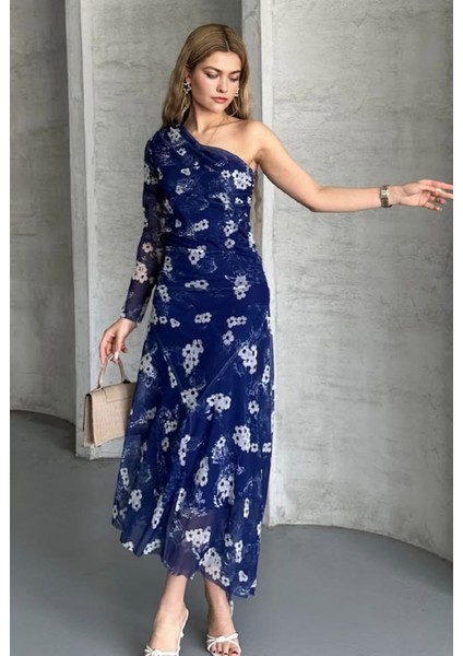 Dar Kalıp Eteği Asimetrik Tek Omuz Astarlı Çiçek Desen Tül Elbise fırsatları