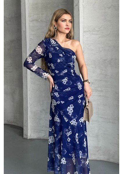 Dar Kalıp Eteği Asimetrik Tek Omuz Astarlı Çiçek Desen Tül Elbise indirimleri