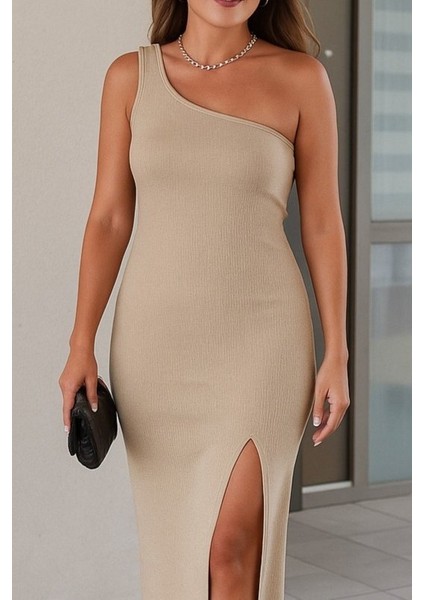 Kadın Kolsuz Tek Omuz Damla Detay Ottoman Kumaş Elbise fiyatları