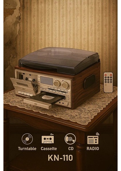 KN-110 Vintage Plak CD Kaset USB Bluetooth Tf Aux Özelikli Pikap