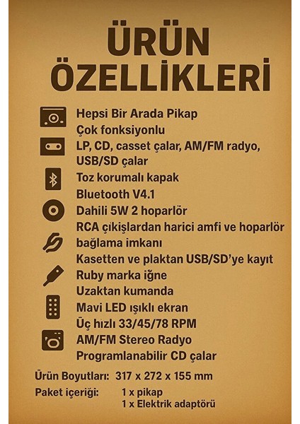 KN-110 Vintage Plak CD Kaset USB Bluetooth Tf Aux Özelikli Pikap fiyatları