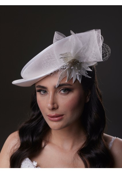 Çiçek Detaylı Beyaz Gelin, Nikah, Nişan, Özel Davet Şapkası
