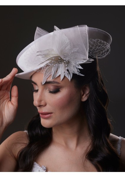 Çiçek Detaylı Beyaz Gelin, Nikah, Nişan, Özel Davet Şapkası modelleri