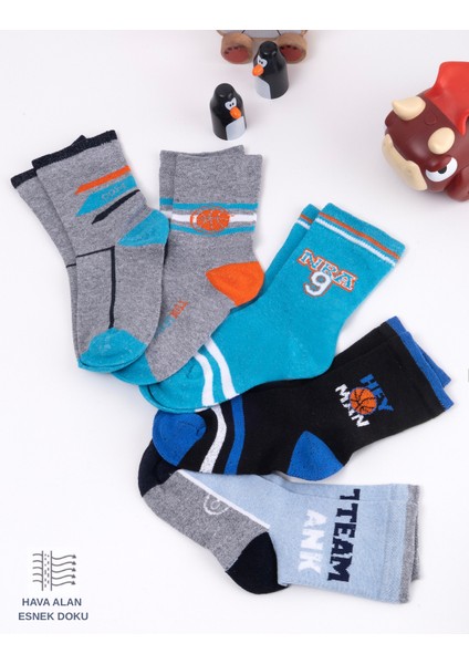 5 Çift Basket'ci Desenli Bebek Çorap ve Çocuk Çorabı Okul & Günlük Çorap