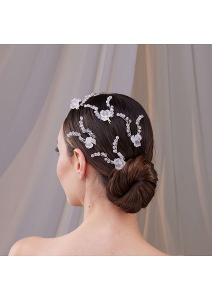 Kristal Taşlı Beyaz Çiçekli Gelin Saç Aksesuarı – Zarif ve Modern Tasarım, 5'li Paket