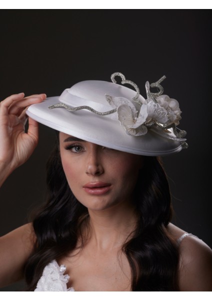 Kelebek ve Kristal Detaylı Beyaz Gelin, Nikah, Nişan, Özel Davet Şapkası