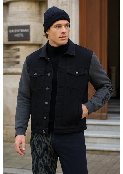 Erkek Sırt Baskılı Penye Kol Siyah Bol Kot Ceket