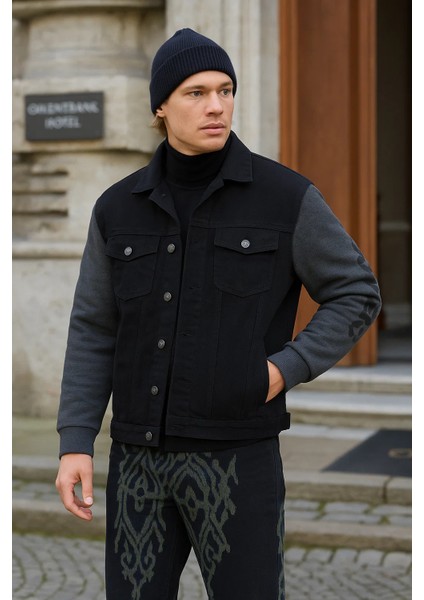 Erkek Sırt Baskılı Penye Kol Siyah Bol Kot Ceket fiyatları