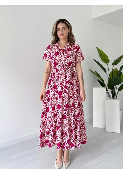 Gömlek Yaka Çiçek Desenli Düğmeli Beli Lastikli Kuşaklı Cepli Uzun Viskon Elbise fiyatları