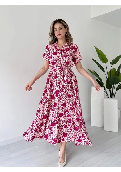 Gömlek Yaka Çiçek Desenli Düğmeli Beli Lastikli Kuşaklı Cepli Uzun Viskon Elbise modelleri