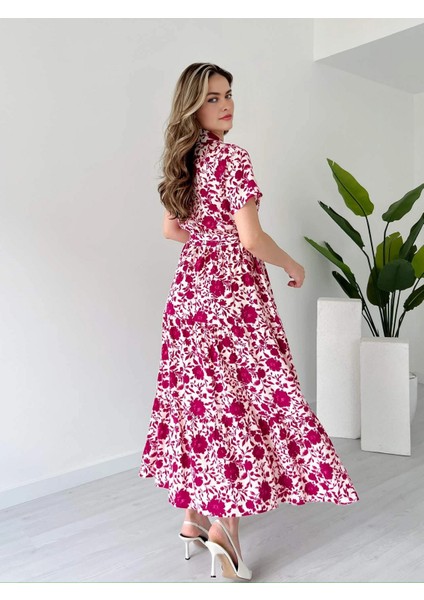 Gömlek Yaka Çiçek Desenli Düğmeli Beli Lastikli Kuşaklı Cepli Uzun Viskon Elbise fırsatları