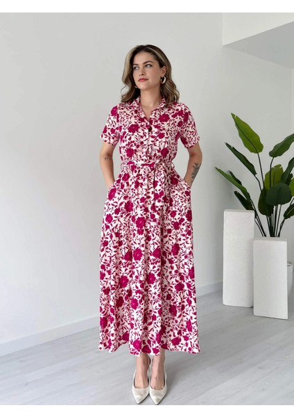 Gömlek Yaka Çiçek Desenli Düğmeli Beli Lastikli Kuşaklı Cepli Uzun Viskon Elbise