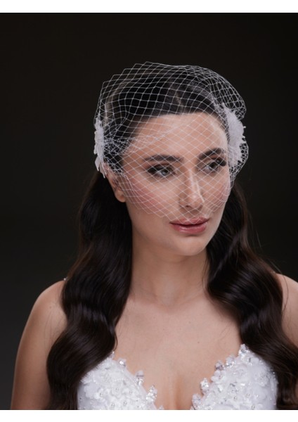 File Duvağlı Çiçek Detaylı Zarif Gelin Saç Aksesuarı